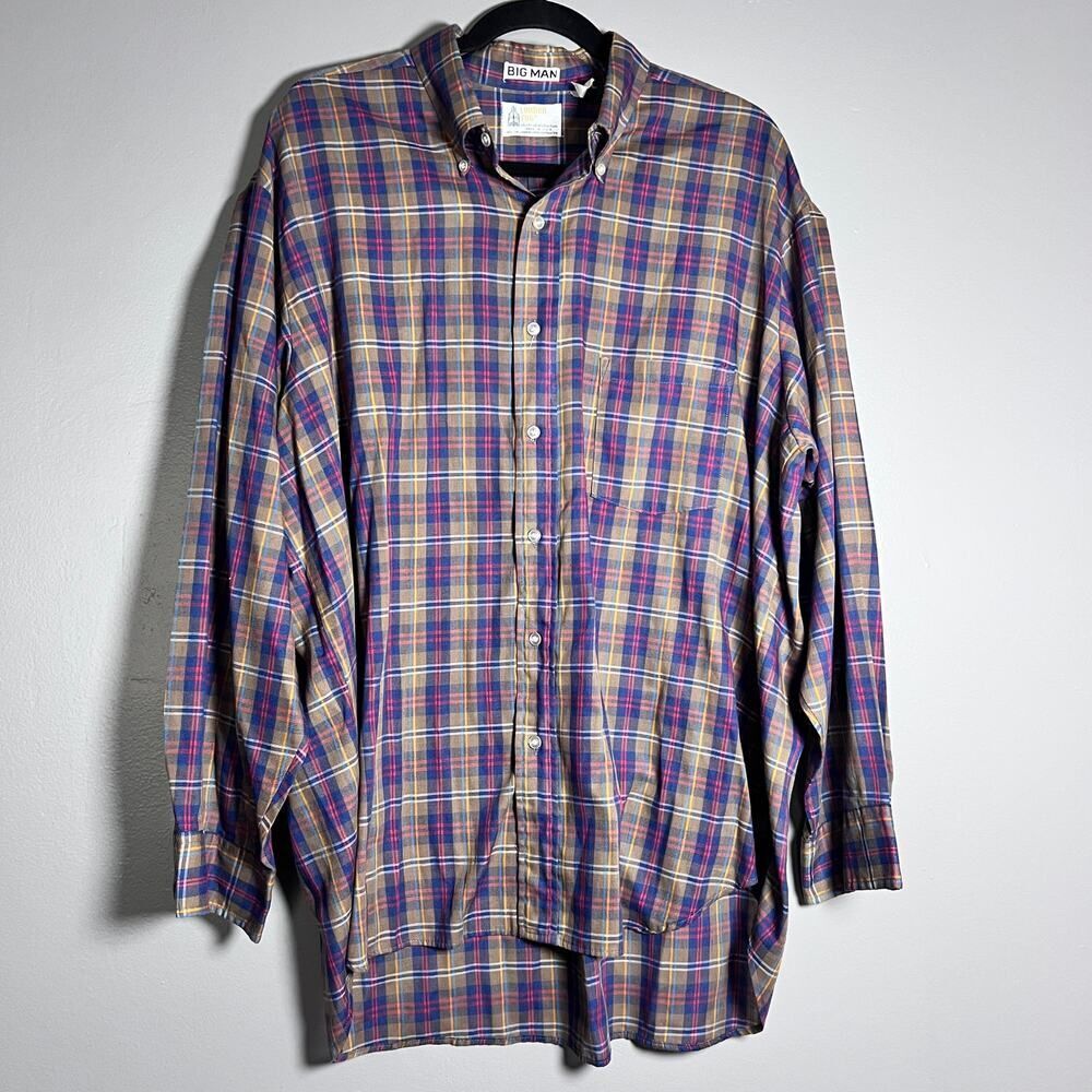 ✨London Fog Big Man Vintage Plaid Button Down Long Sleeve Shirt Made in USA 2XL